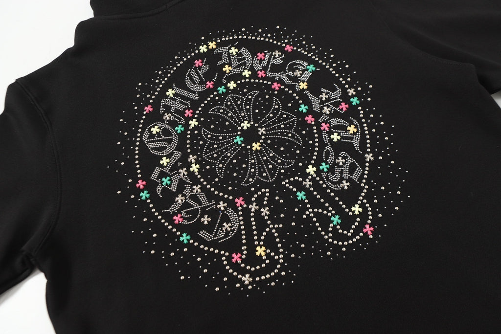 Chrome-Hearts Colorful Rhinestone Hoodie - Black Gothic Street Sweatshirt 2608