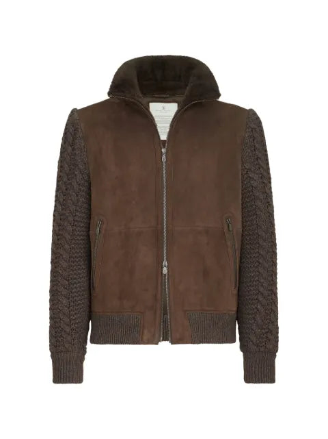 Brunello Cucinelli suede shearling and cashmere knit bomber jacket with Thermore® padding