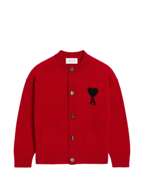 AMI Paris red crewneck wool cardigan with Ami de Coeur