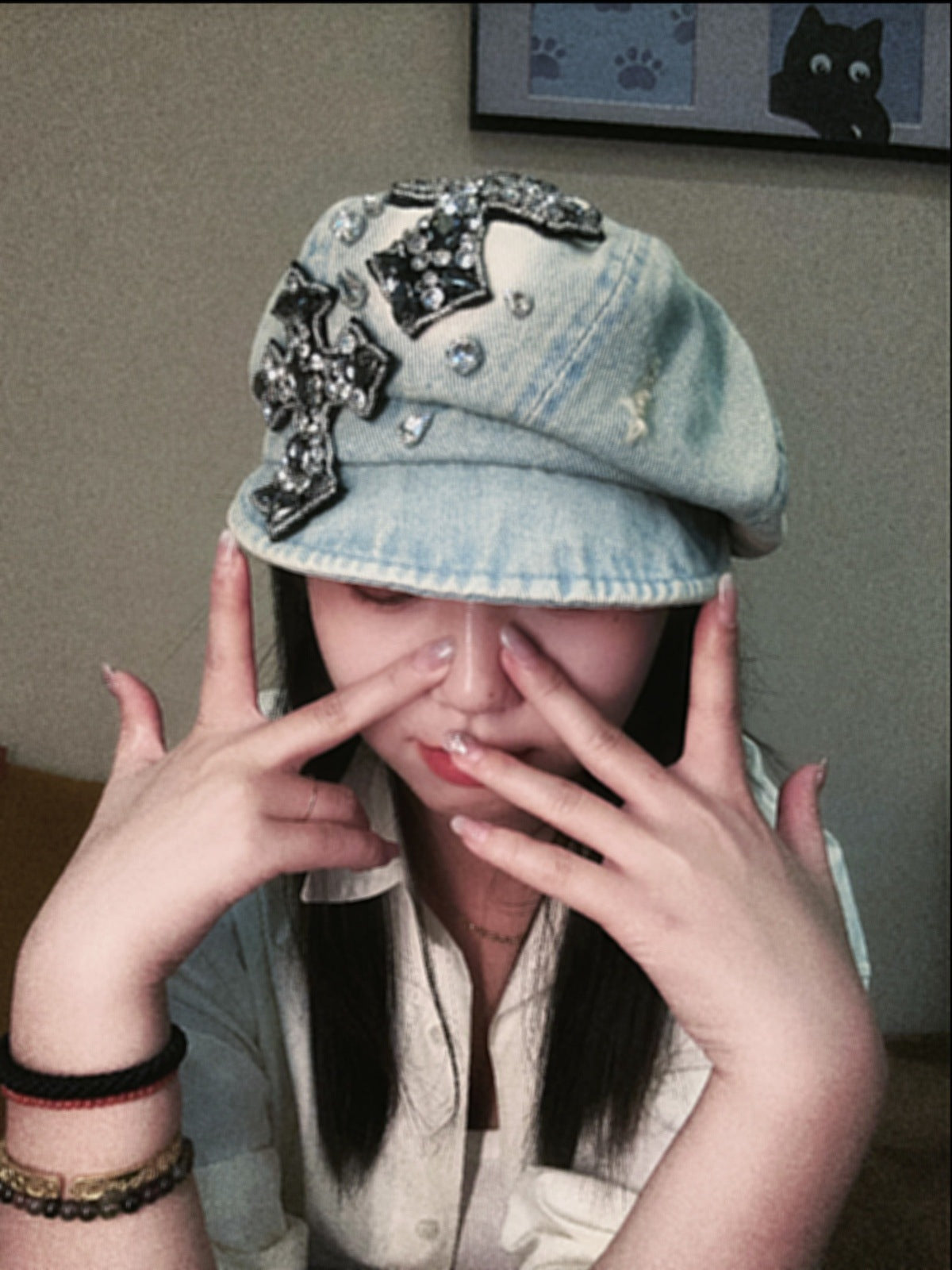 Rhinestone Cross Denim Octagonal Beret Vintage Y2K Women Newsboy Cap