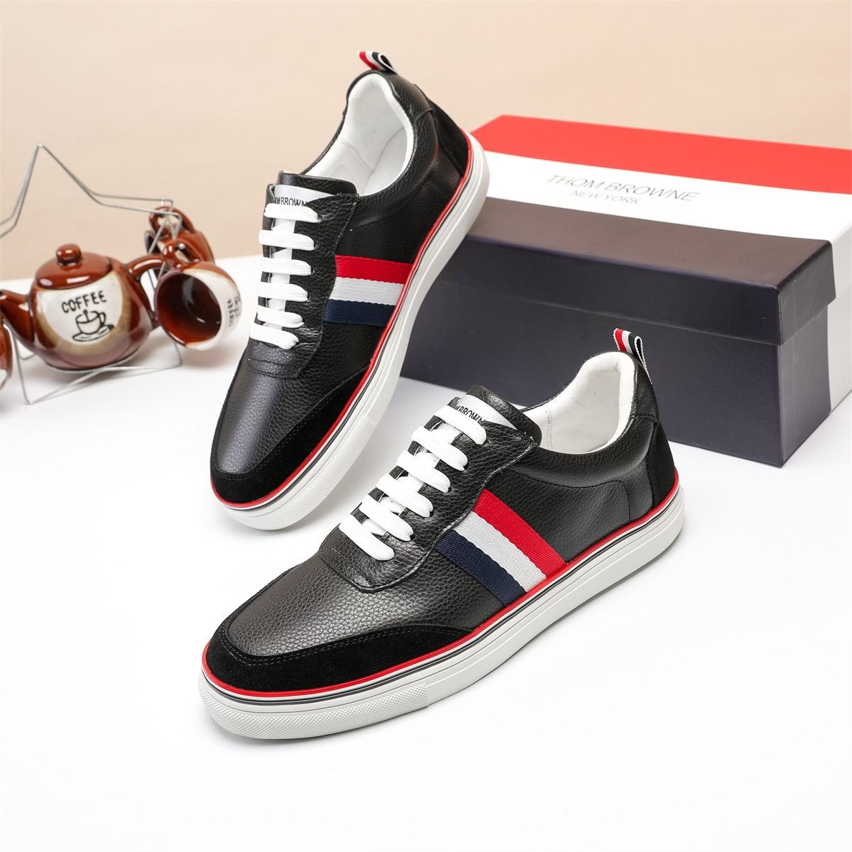 Tri-Stripe Leather Sneaker — Full-Grain Cowhide with Lambskin Lining