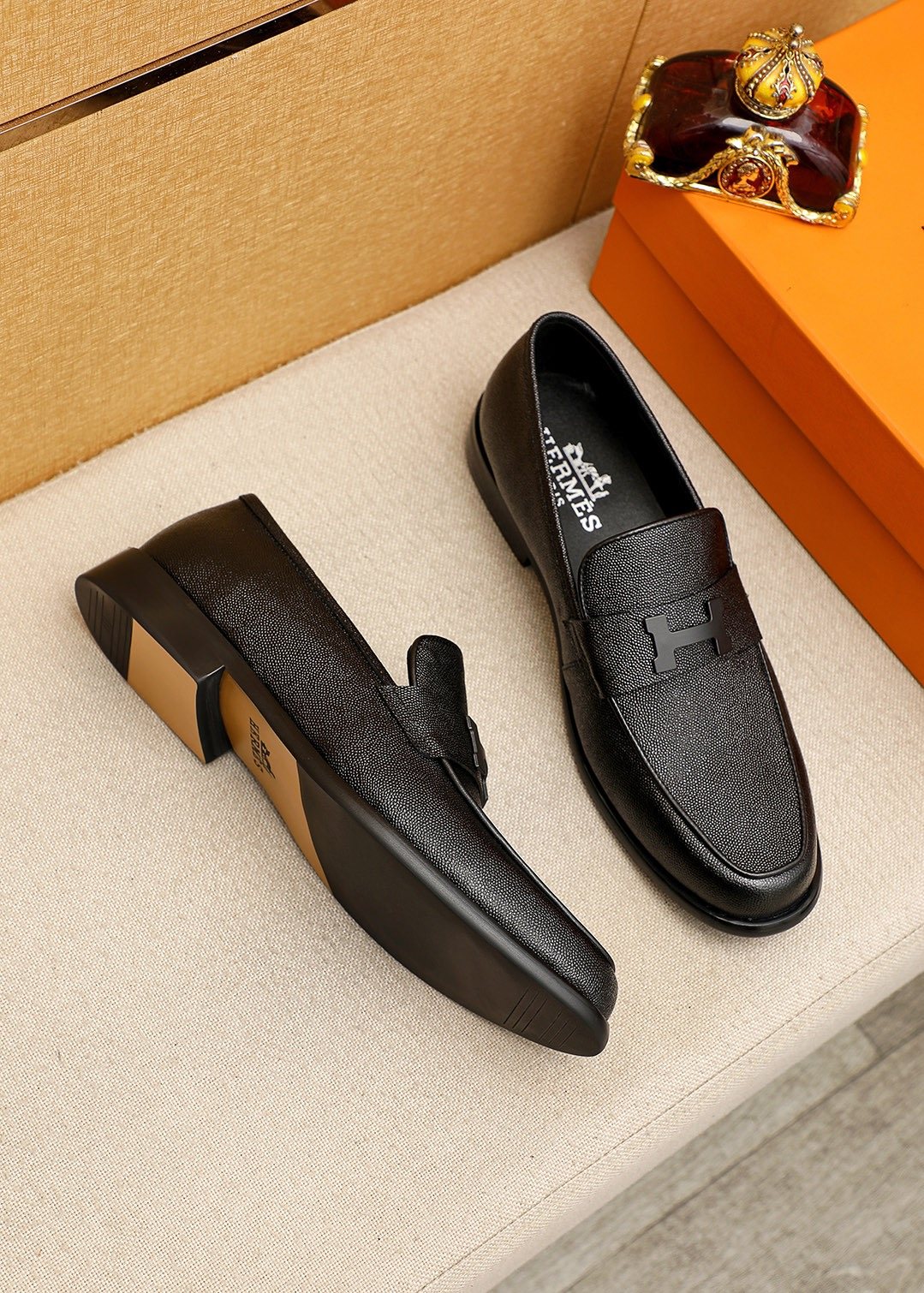 Hermès Black Textured Leather Loafers