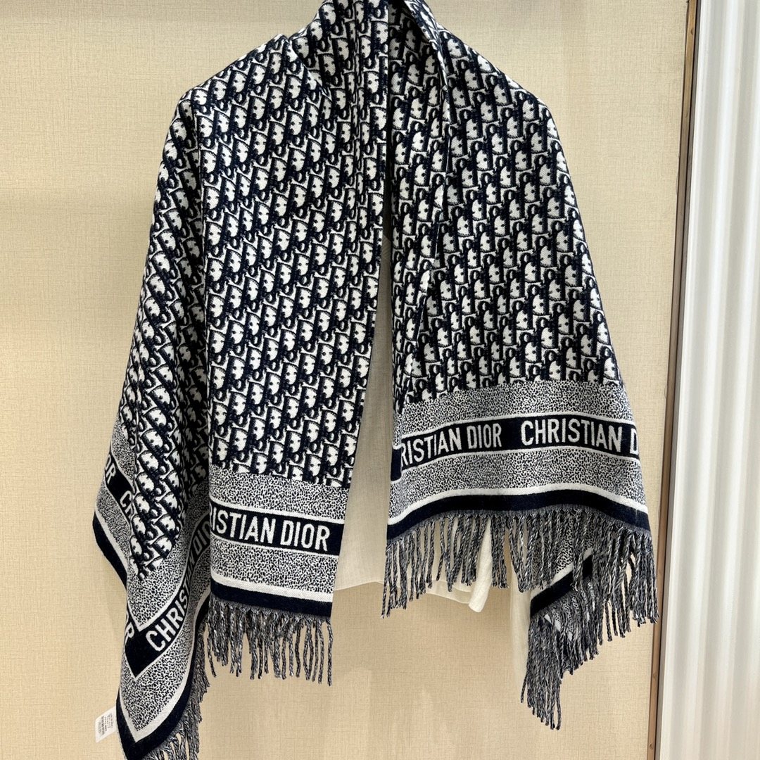 Dior Black & Ivory Fringed Shawl