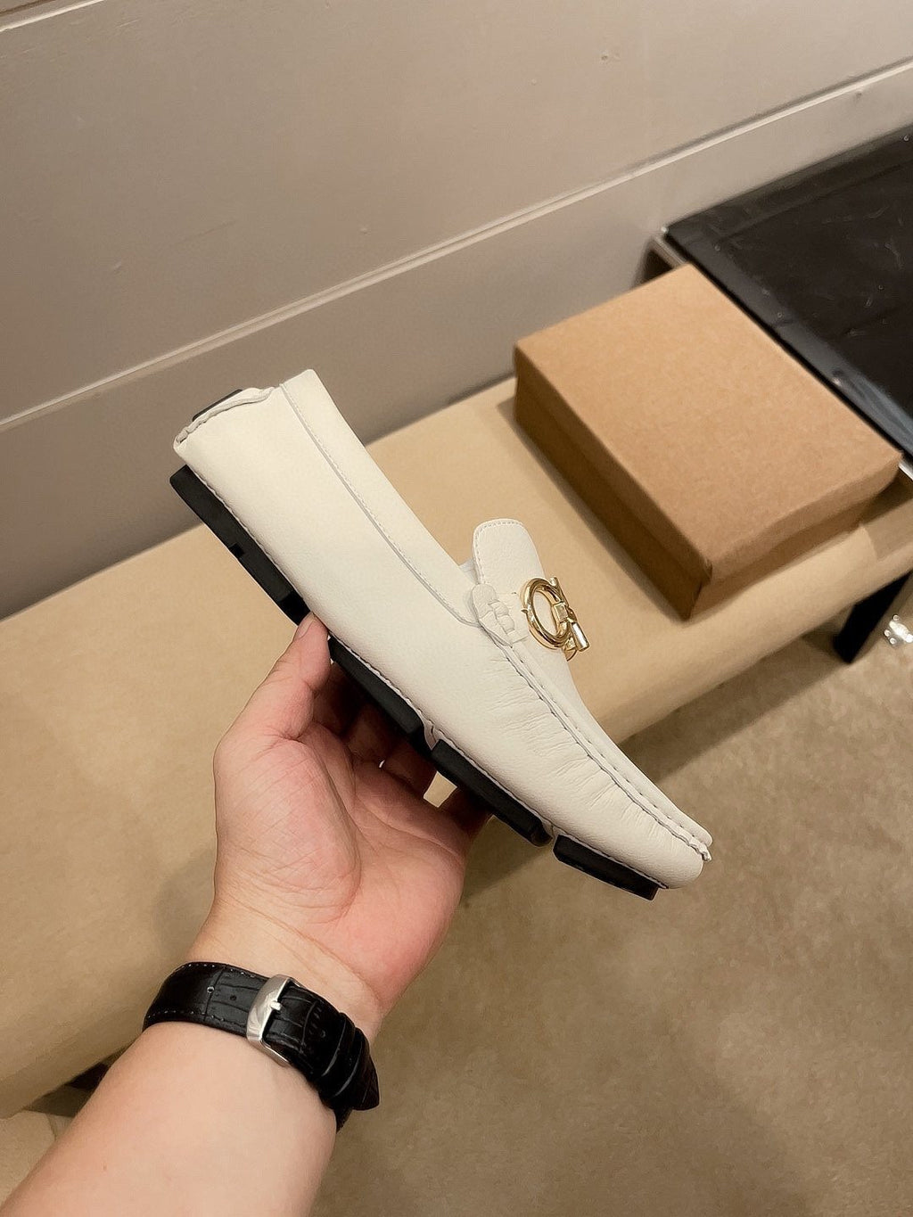 Ferragamo Men's White Hardware Loafers