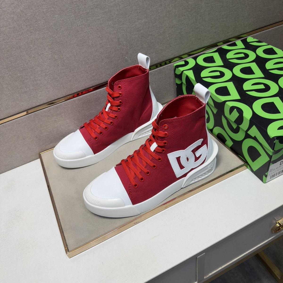 Dolce & Gabbana Red and White High-Top Sneakers