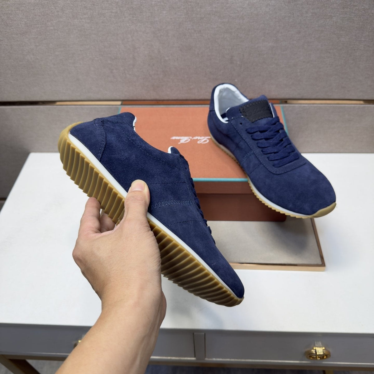Loro Piana Navy Lace-Up Sneakers