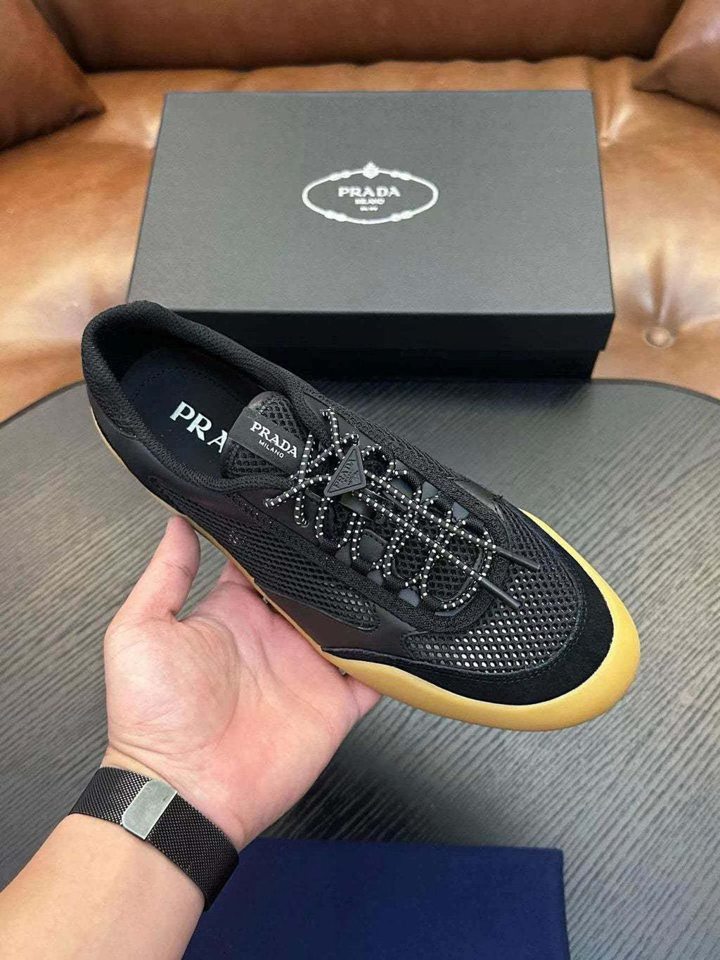 Prada Men's Black Sneakers with Yellow Sole