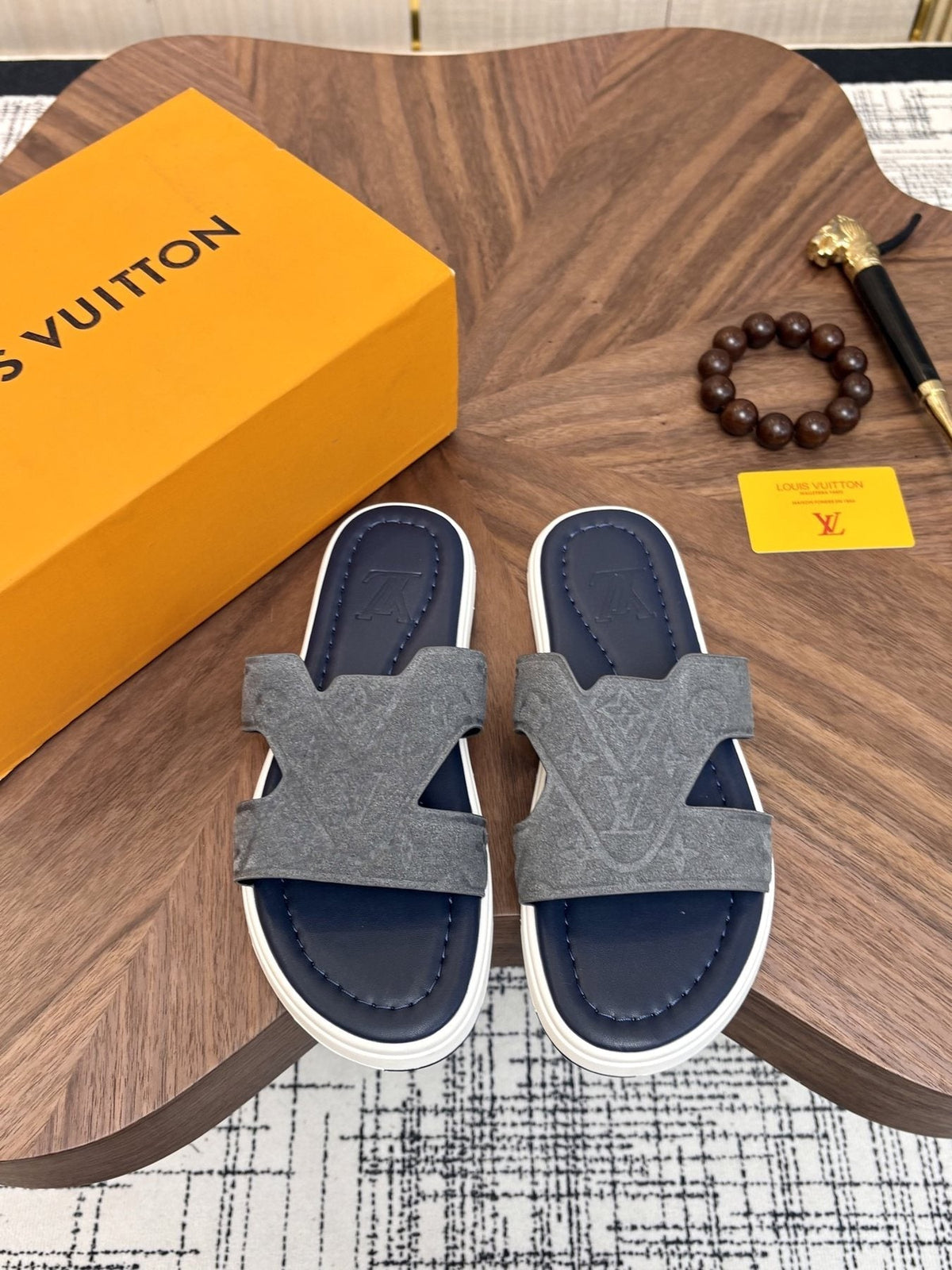 Louis Vuitton Embossed Navy Blue Slide Sandals