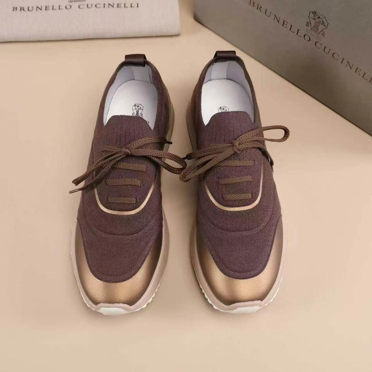Brunello Cucinelli Men's Knit Lace-Up Sneakers - Layered Contrast Panels