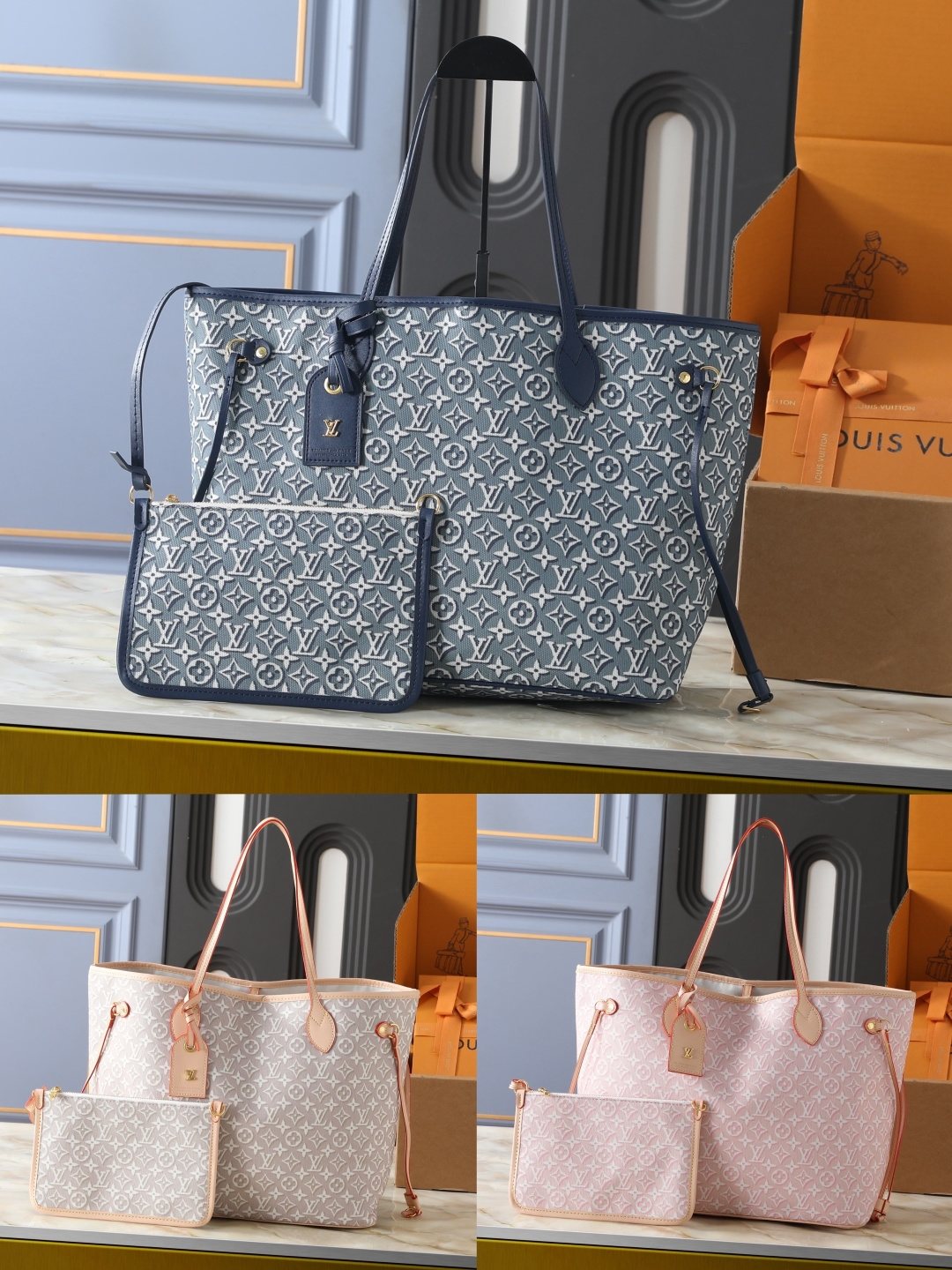 Louis Vuitton Neverfull MM Blue-Gray Tote Bag